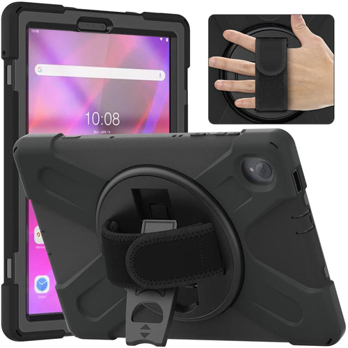For Lenovo Tab K10/M10 Plus 360-degree Swiveling Kickstand Anti-scratch PC + Silicone Hybrid Case Cover Shell with Hand Band - Black - 1
