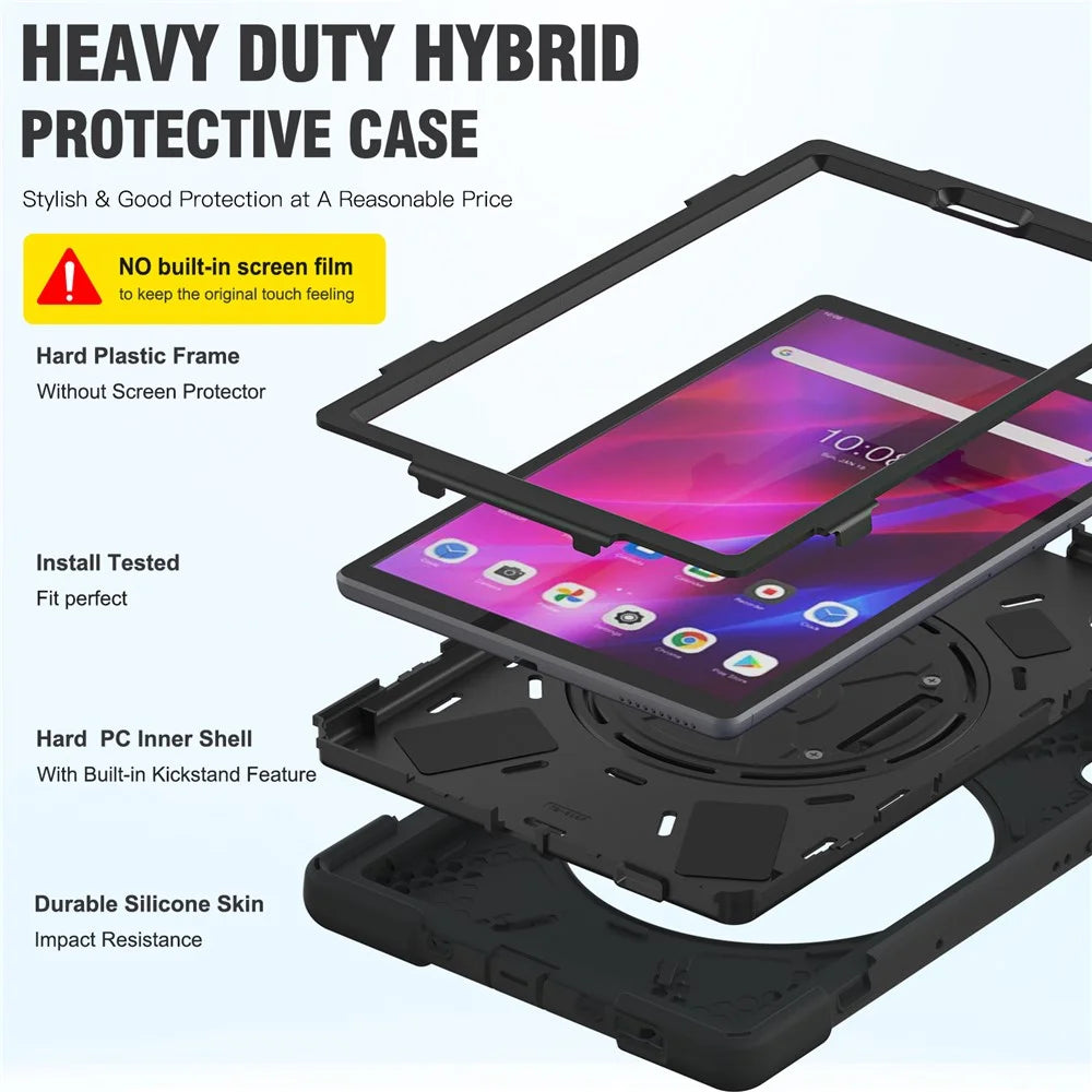 For Lenovo Tab K10/M10 Plus 360-degree Swiveling Kickstand Anti-scratch PC + Silicone Hybrid Case Cover Shell with Hand Band - Black - 5