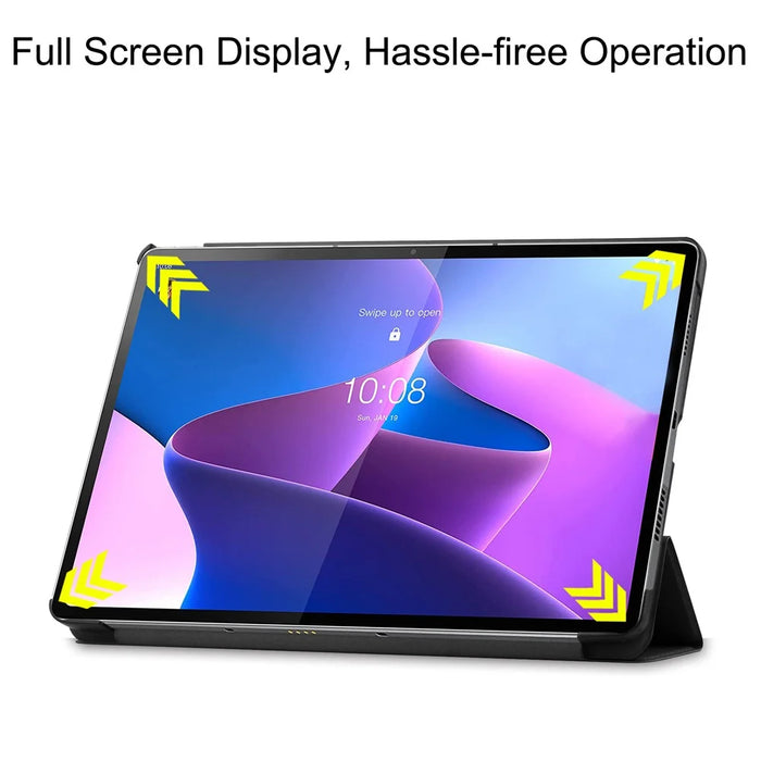 Trifold Stand Tablet Cover for Lenovo Tab P12 Pro, PU Leather + PC Protective Auto Wake/Sleep Smart Case - Black - 7