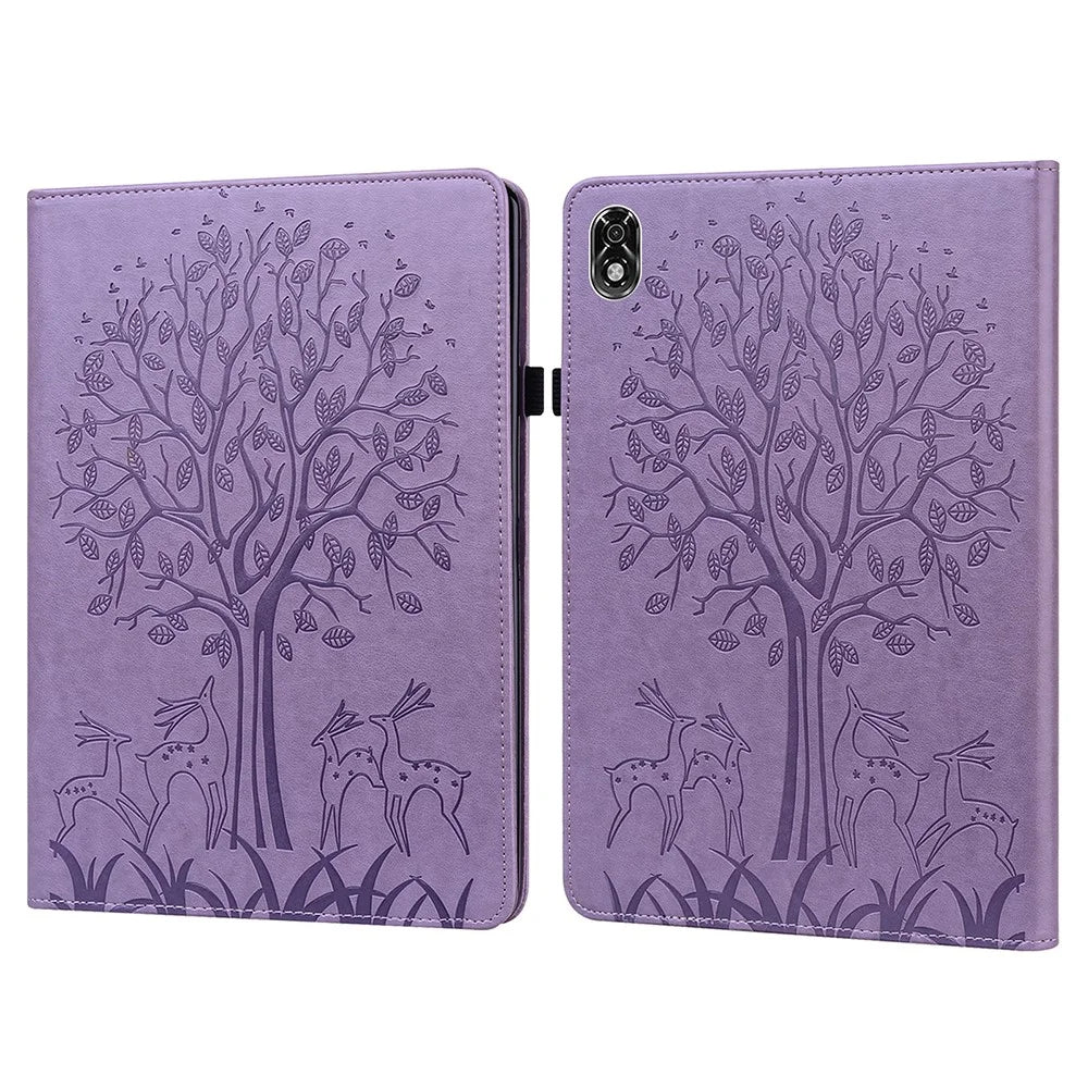 For Lenovo Legion Y700 Elastic Band Design Imprinting Tree Deer Pattern Card Slots Stand Shockproof PU Leather Tablet Cover Case - Purple - 1