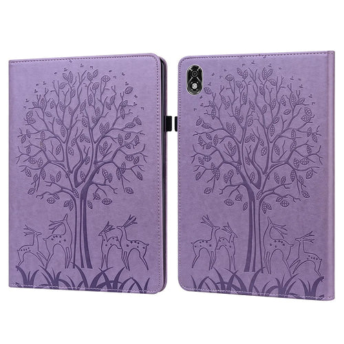 For Lenovo Legion Y700 Elastic Band Design Imprinting Tree Deer Pattern Card Slots Stand Shockproof PU Leather Tablet Cover Case - Purple - 1