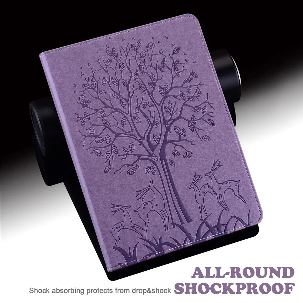 For Lenovo Legion Y700 Elastic Band Design Imprinting Tree Deer Pattern Card Slots Stand Shockproof PU Leather Tablet Cover Case - Purple - 7