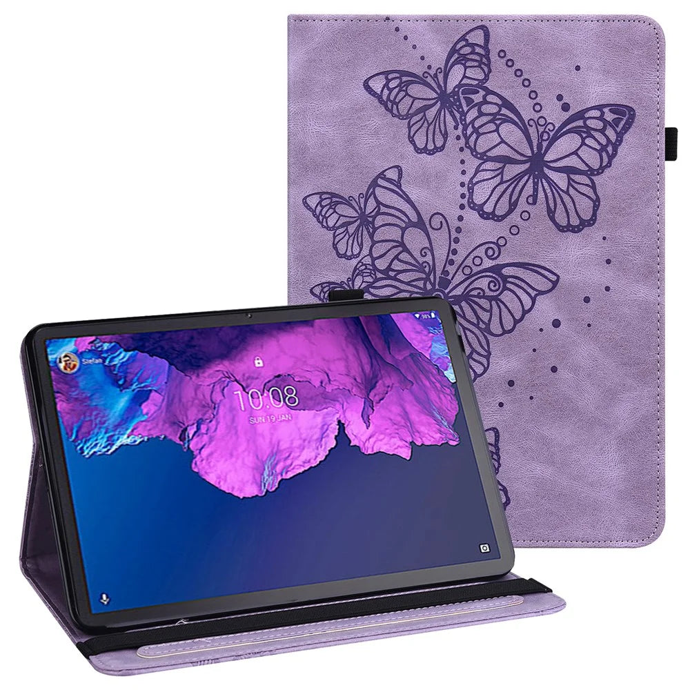 For Lenovo Tab P11 Plus Imprinting Butterflies Leather Built-in Card Slots Tablet Smart Cover Auto Wake/Sleep Stand Tablet Case - Purple - 1