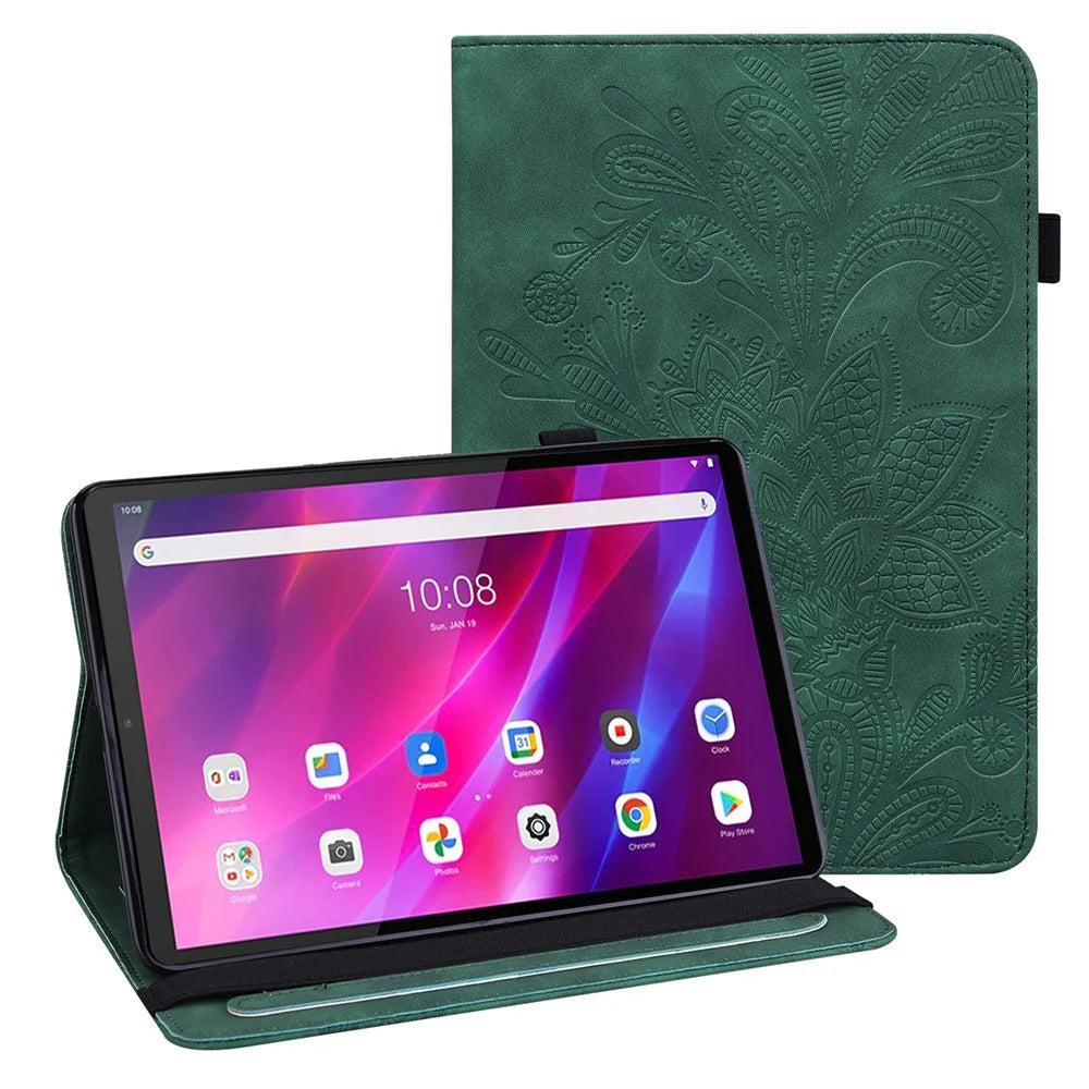 For Lenovo Tab K10 (TB-X6C6F TB-X6C6L TB-X6C6X) (2021) Flower Imprinting Auto Wake/Sleep Tablet Cover Stand Wallet Anti-drop Leather Case - Green - 1