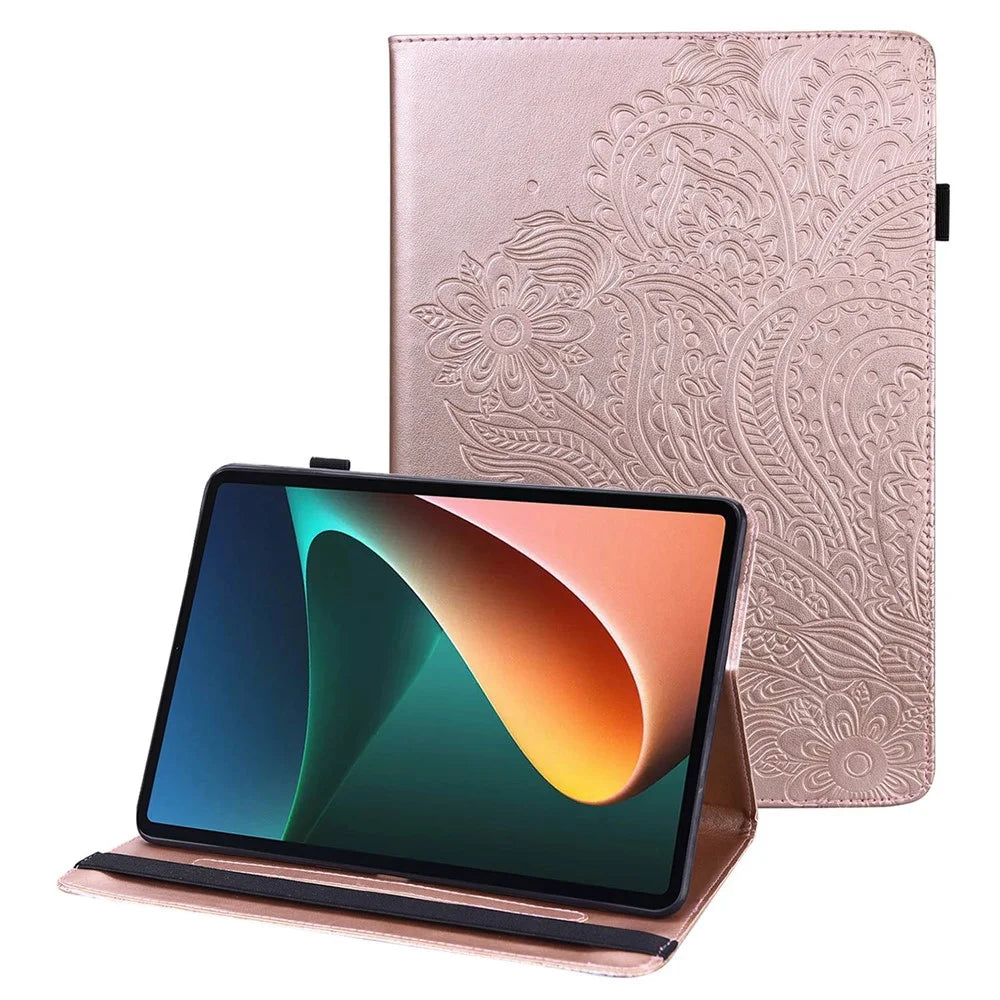 For Lenovo Tab M10 Plus (3rd Gen) / Xiaoxin Pad 2022 10.6 inch Imprinting Flower PU Leather Tablet Case with Card Holder Stand - Rose Gold - 1