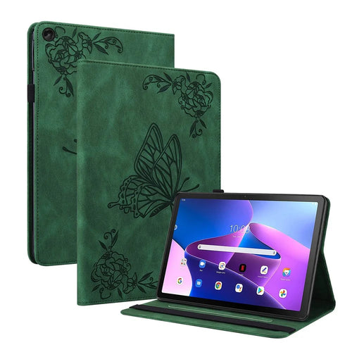 For Lenovo Tab M10 Plus (3rd Gen) Butterfly Flower Imprinted Card Slot PU Leather Tablet Case Stand Cover with Elastic Band - Green - 1