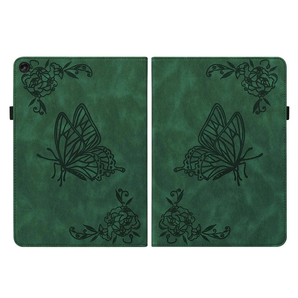 For Lenovo Tab M10 Plus (3rd Gen) Butterfly Flower Imprinted Card Slot PU Leather Tablet Case Stand Cover with Elastic Band - Green - 7