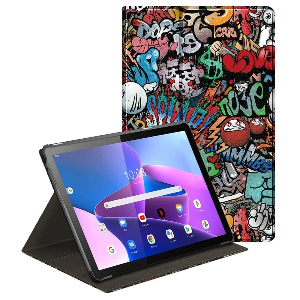 For Lenovo Tab M10 (Gen 3) 10.1 inch 328F 360-degree Rotary Stand Function Pattern Printing PU Leather Tablet Case with Auto Wake/Sleep - Graffiti - 1