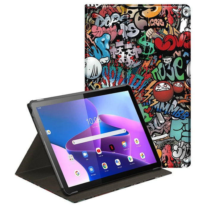 For Lenovo Tab M10 (Gen 3) 10.1 inch 328F 360-degree Rotary Stand Function Pattern Printing PU Leather Tablet Case with Auto Wake/Sleep - Graffiti - 1
