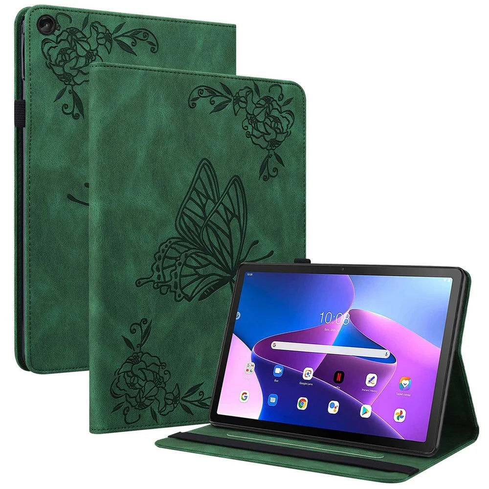 Butterfly Flower Imprinted Tablet Case for Lenovo Tab M10 (Gen 3), PU Leather Stand Card Holder Protective Cover - Green - 1