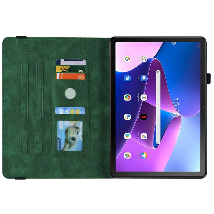Butterfly Flower Imprinted Tablet Case for Lenovo Tab M10 (Gen 3), PU Leather Stand Card Holder Protective Cover - Green - 2