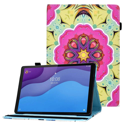 For Lenovo Tab M10 (Gen 3) TB-328FU / TB-328XU Pattern Printing Leather Stand Protective Case Card Slots Smart Cover with Elastic Band and Pencil Holder - Pink Mandala - 1