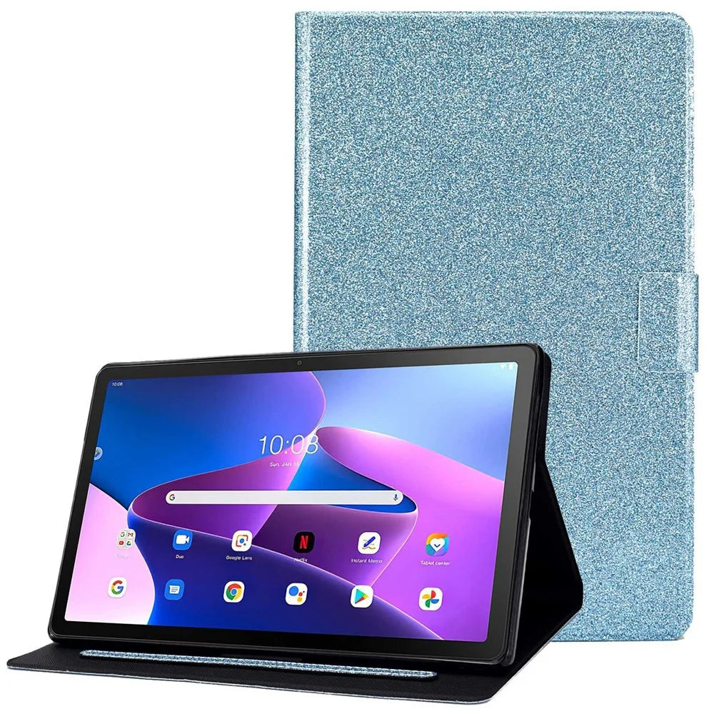 Glittery PU Leather Tablet Case for Lenovo Tab M10 (Gen 3) TB-328FU / TB-328XU, Full Protection Magnetic Clasp Protective Cover with Stand Card Holder - Blue - 1