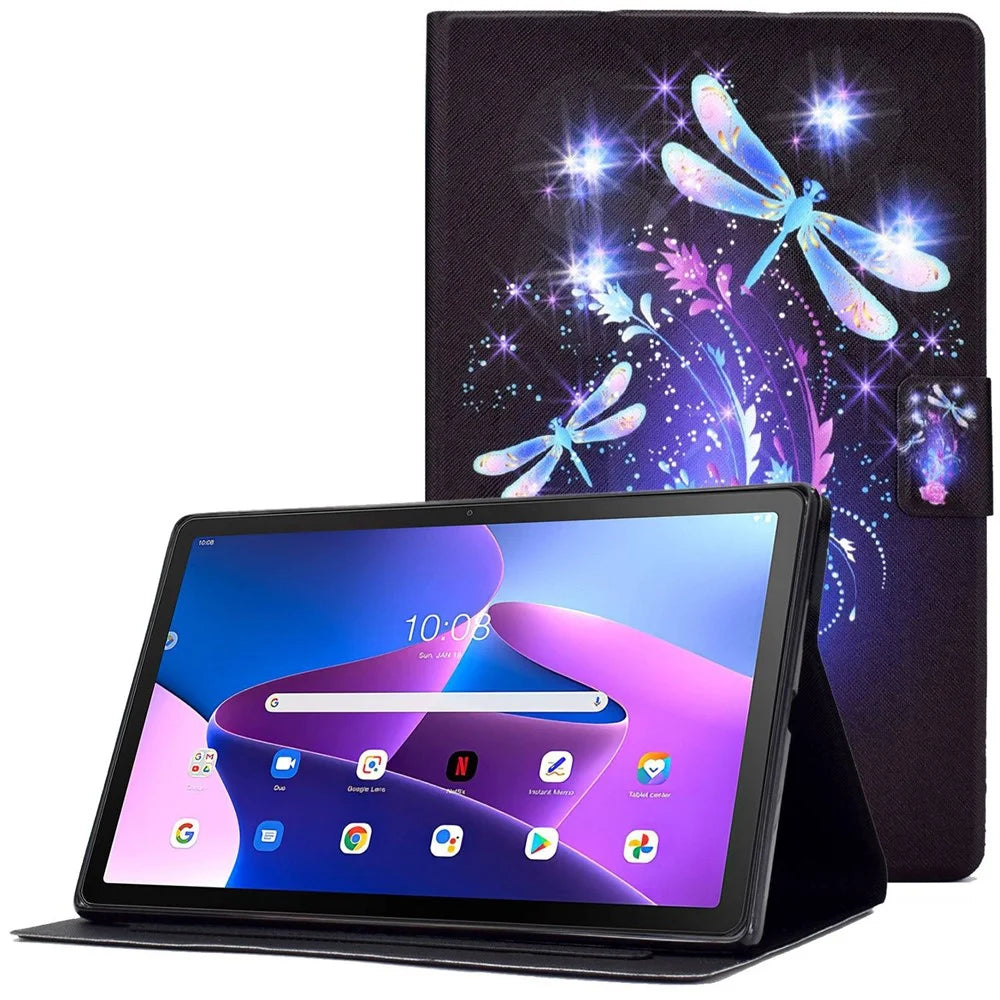 PU Leather Tablet Case for Lenovo Tab M10 (Gen 3) TB-328FU / TB-328XU, Pattern Printing Card Holder Shockproof Cover with Adjustable Stand - Dragonfly - 1