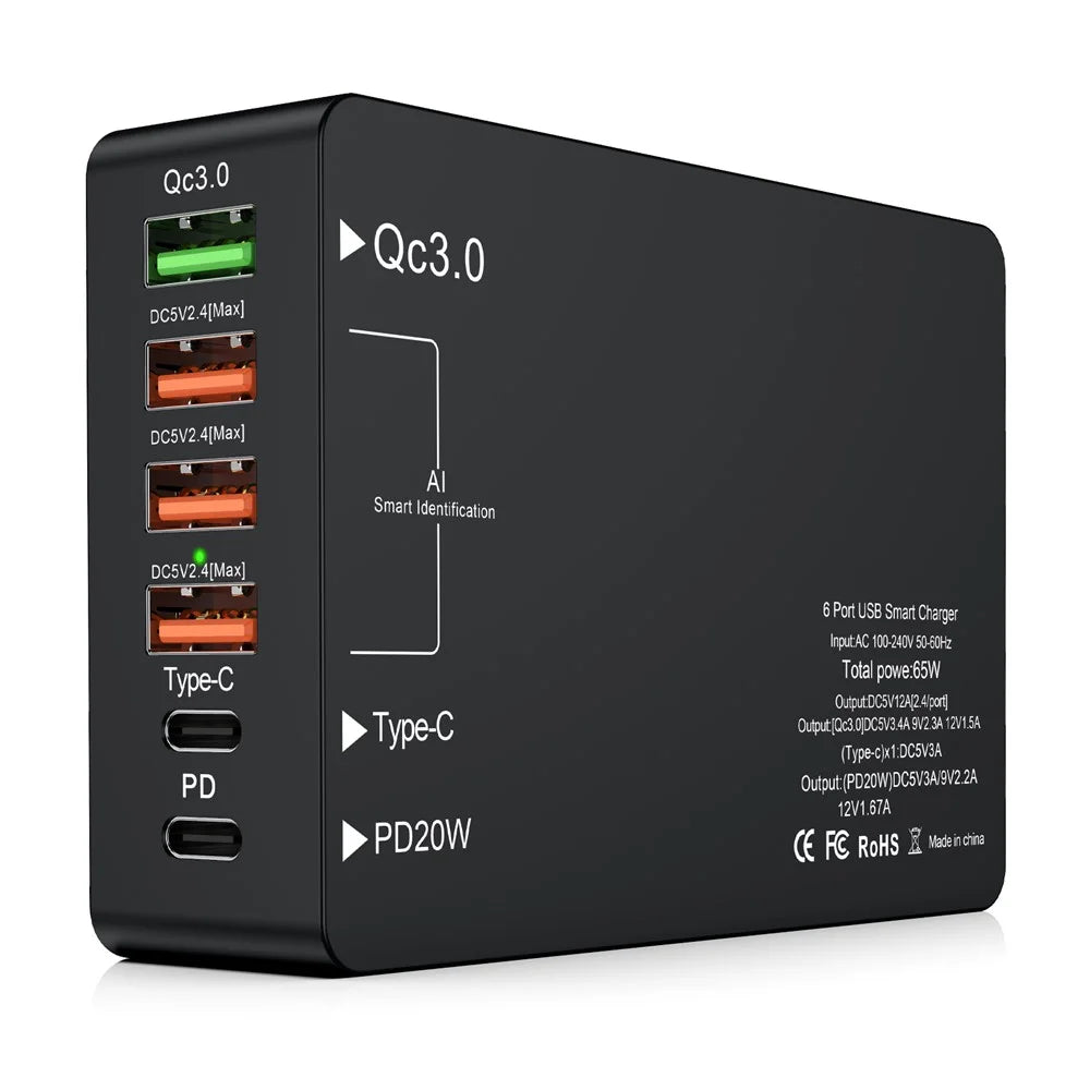 Multi-port USB QC3.0 Charger Type-C PD20W Phone Tablet Bluetooth-compatible Earphone Fast Charging Power Adapter - US Plug - 1