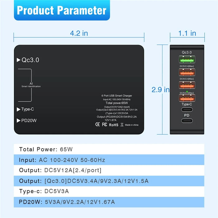 Multi-port USB QC3.0 Charger Type-C PD20W Phone Tablet Bluetooth-compatible Earphone Fast Charging Power Adapter - US Plug - 7