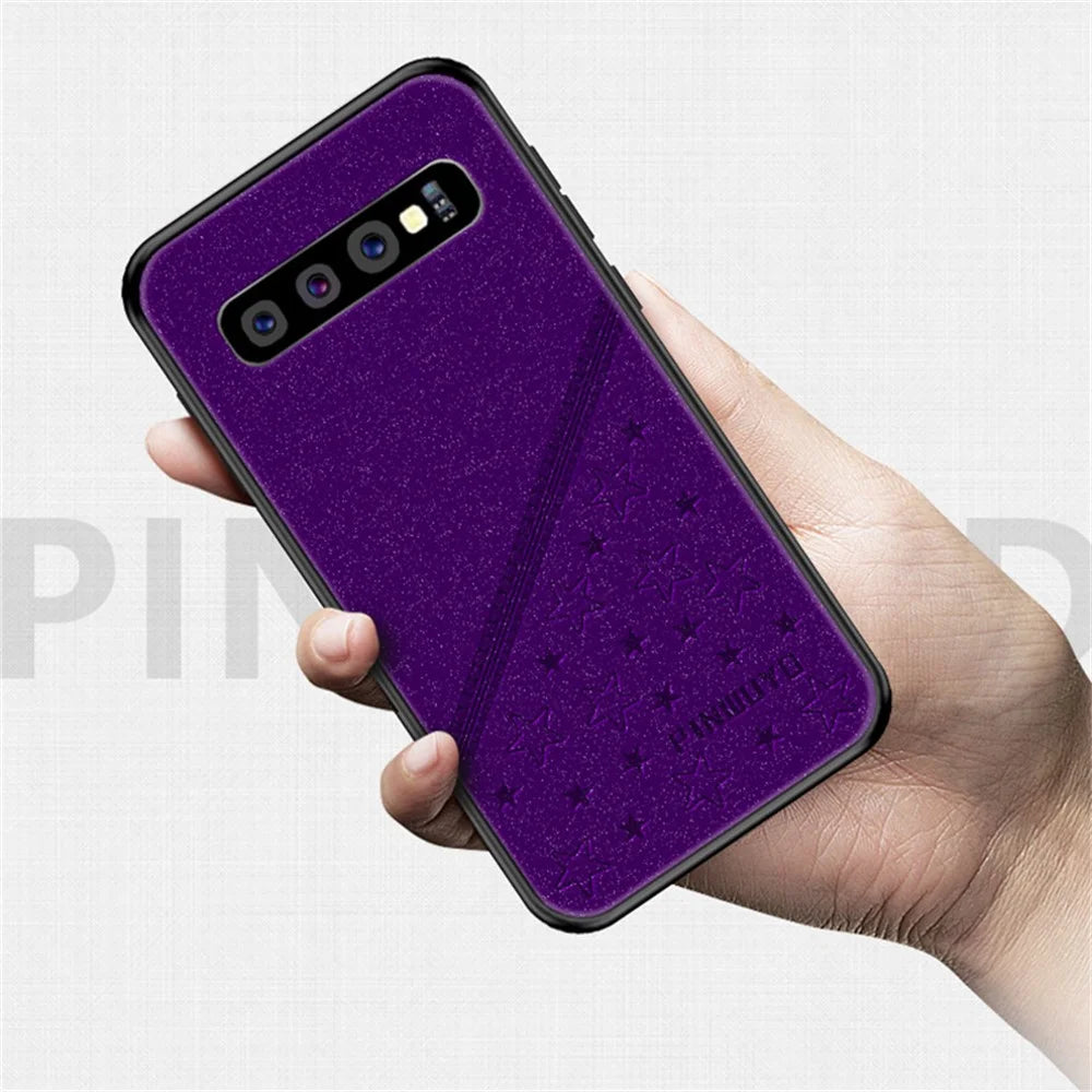 PINWUYO Soft Edge Matte Surface Hybrid Phone Cover Shell Coated with Imprinting PU Leather for Samsung Galaxy S10 Plus - Black - 5