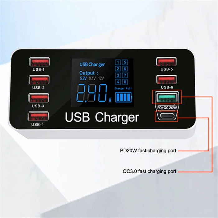 A9+ 8-Port USB+Type C 40W Quick Charge Adapter with LCD Display QC 3.0 Wall Charger - AU Plug - 3