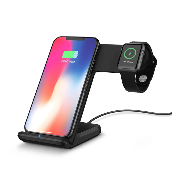 F11 2 in 1 Wireless Charging Stand Qi Fast Charger for iPhone Samsung Phone Apple Watch - Black - 1