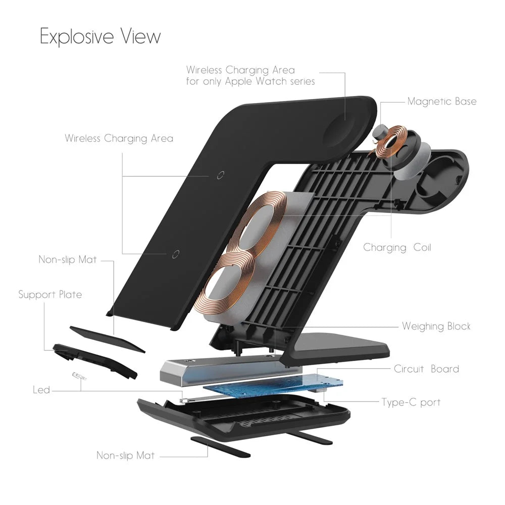 F11 2 in 1 Wireless Charging Stand Qi Fast Charger for iPhone Samsung Phone Apple Watch - Black - 6