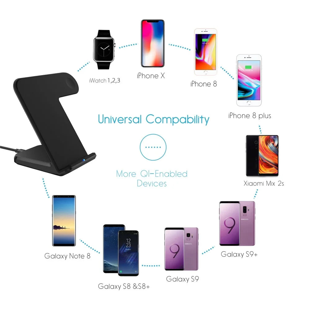 F11 2 in 1 Wireless Charging Stand Qi Fast Charger for iPhone Samsung Phone Apple Watch - Black - 7