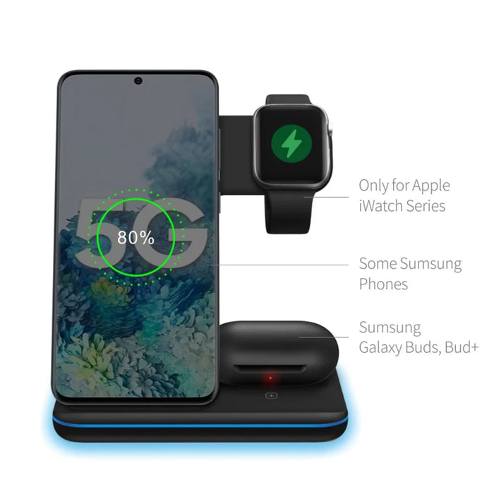3-in-1 Desktop Vertical 15W Wireless Charger Stand for iPhone/Apple Watch/Airpods - Black - 3