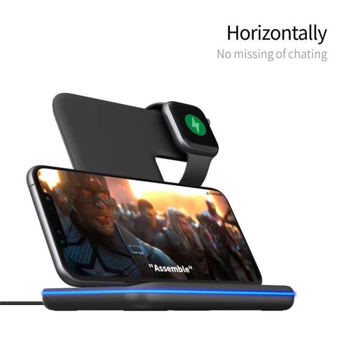 3-in-1 Desktop Vertical 15W Wireless Charger Stand for iPhone/Apple Watch/Airpods - Black - 5