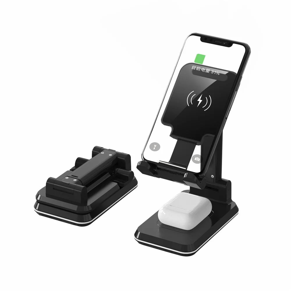 2-in-1 Wireless Charger Stand 10W Foldable Fast Charging Phone Earphone Station Dock - Black - 3