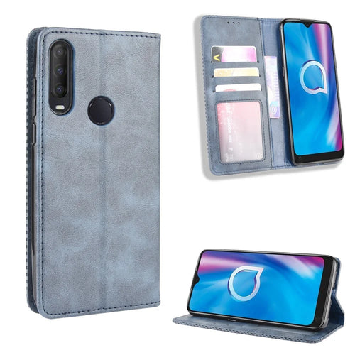 Vintage Style Leather Wallet Stand Case for Alcatel 1SE (2020) - Blue - 1