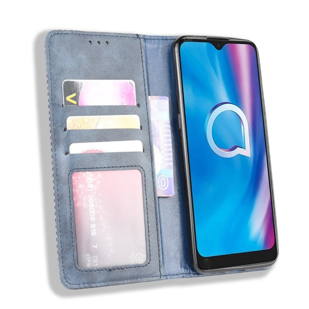 Vintage Style Leather Wallet Stand Case for Alcatel 1SE (2020) - Blue - 5