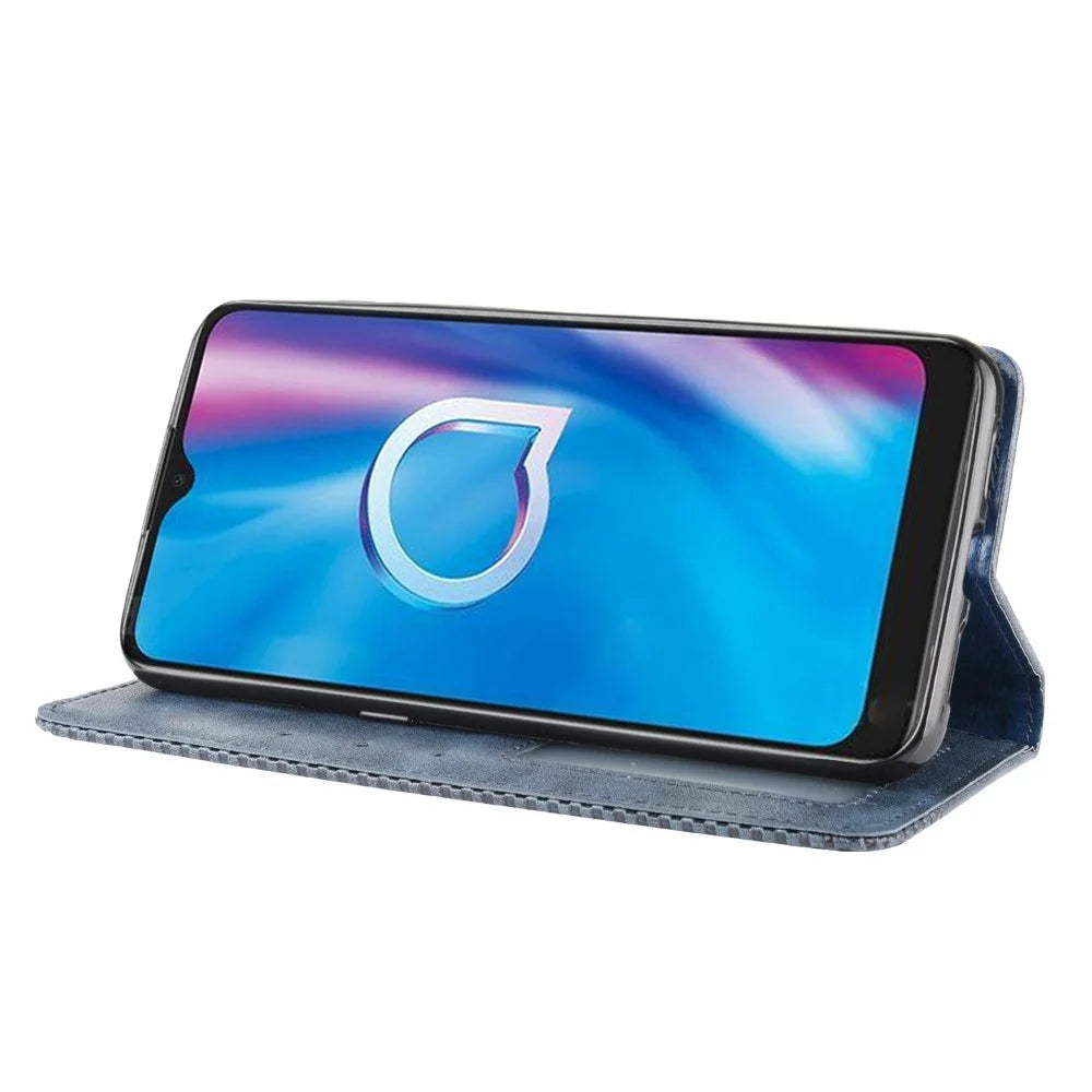 Vintage Style Leather Wallet Stand Case for Alcatel 1SE (2020) - Blue - 6
