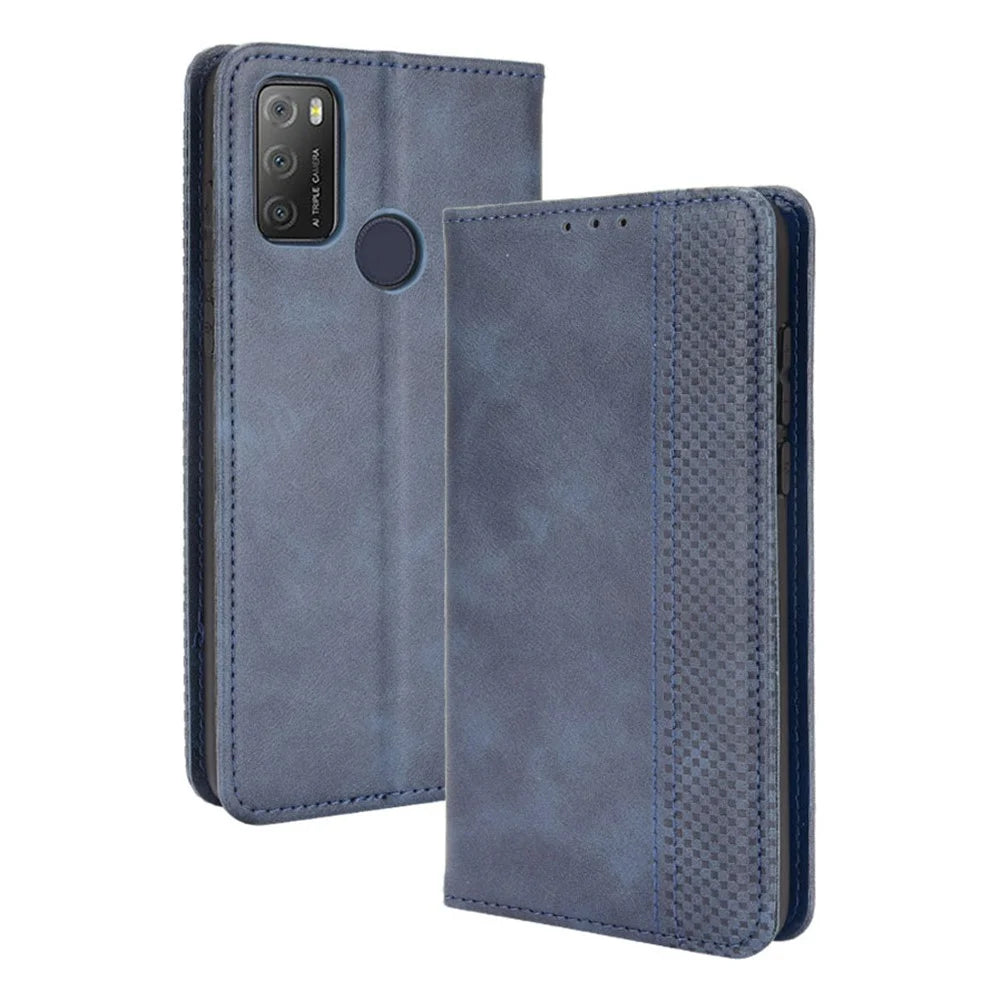 Magnetic Vintage Style Phone Case Wallet Stand Leather Cover for Alcatel 3L(2021) / 1S (2021) - Blue - 1