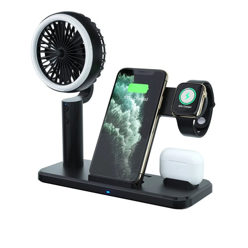 N60 3 in 1 Wireless Charger Stand Dock Station with Handheld Fan LED Light for iPhone Huawei - 1