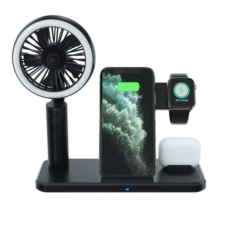 N60 3 in 1 Wireless Charger Stand Dock Station with Handheld Fan LED Light for iPhone Huawei - 2