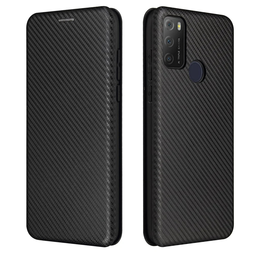 Carbon Fiber Texture Auto-absorbed Leather Stand Shell Cover with Card Holder for Alcatel 1S (2021) - Black - 1