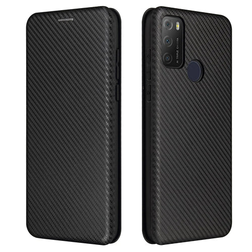 Carbon Fiber Texture Auto-absorbed Leather Stand Shell Cover with Card Holder for Alcatel 1S (2021) - Black - 1
