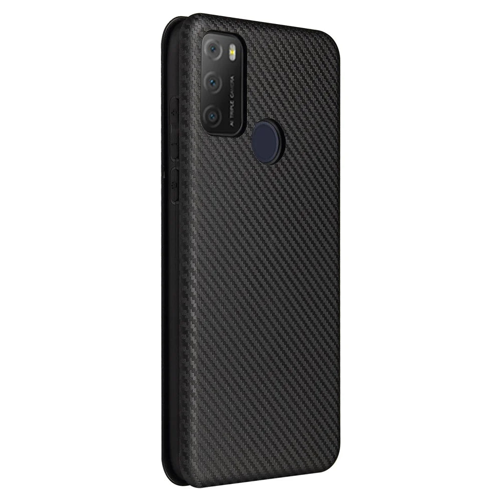 Carbon Fiber Texture Auto-absorbed Leather Stand Shell Cover with Card Holder for Alcatel 1S (2021) - Black - 3