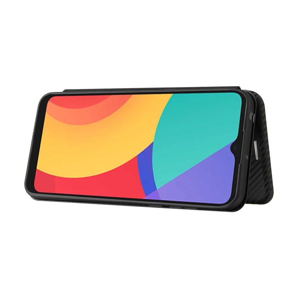 Carbon Fiber Texture Auto-absorbed Leather Stand Shell Cover with Card Holder for Alcatel 1S (2021) - Black - 6