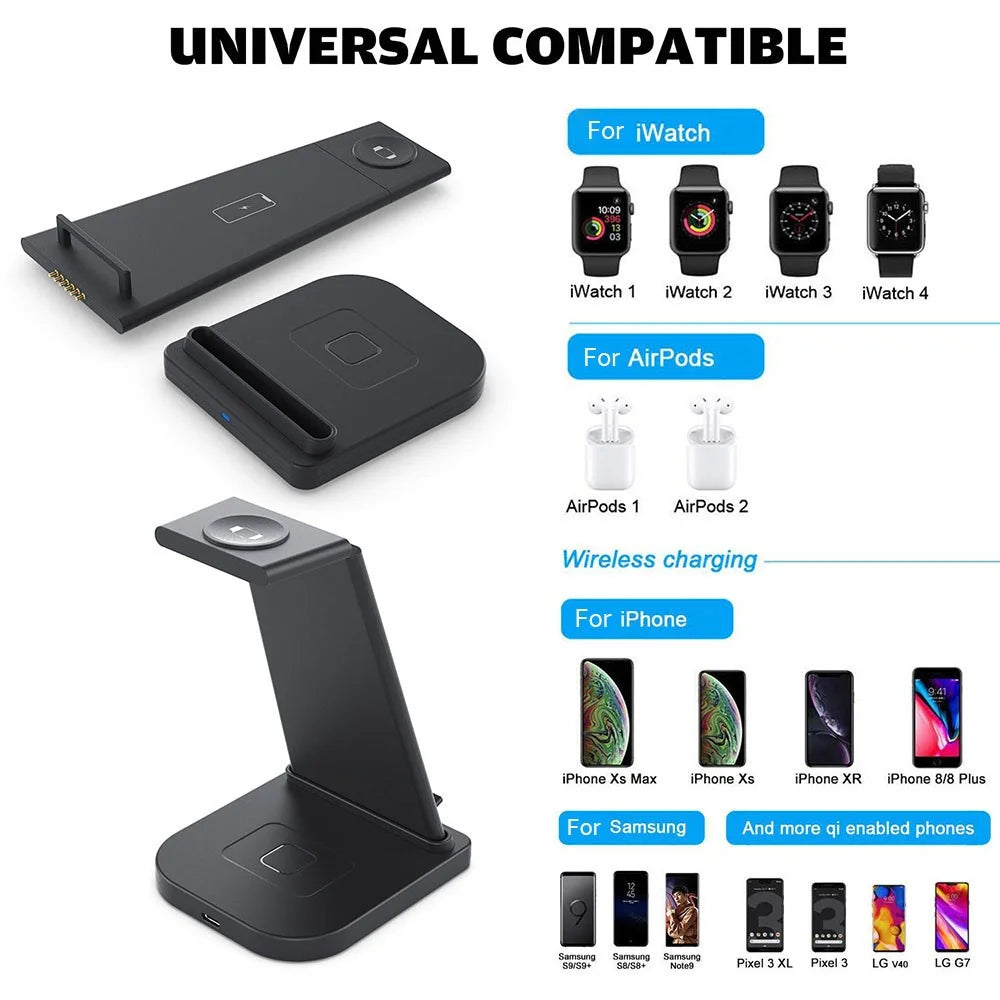 B12 Phone Smartwatch Bluetooth-compatible Earphone Wireless Charger Stand 3 in 1 Fast Charging Station - Black/for Apple Watch - 4