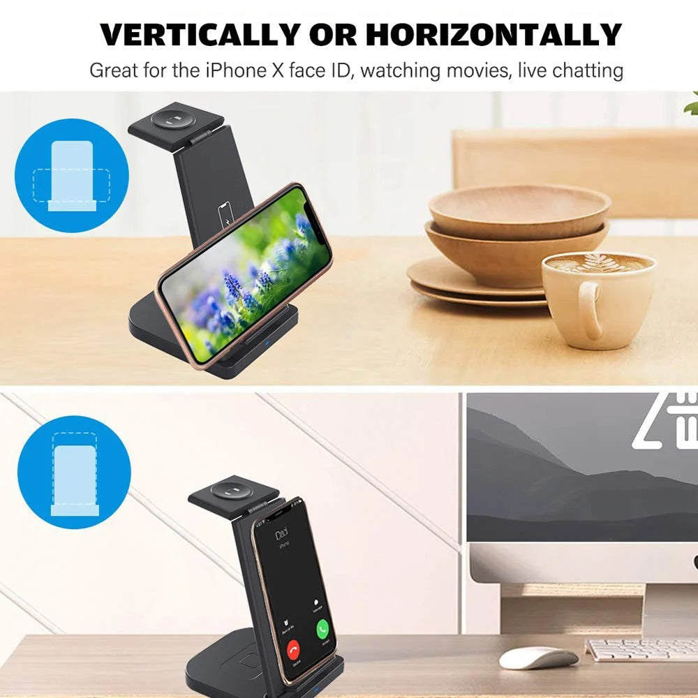 B12 Phone Smartwatch Bluetooth-compatible Earphone Wireless Charger Stand 3 in 1 Fast Charging Station - Black/for Apple Watch - 7