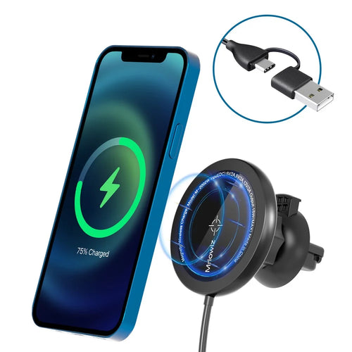 MRIOWIZ M-2002W 15W Car Air Vent Magnetic Wireless Charger Compatible with MagSafe with USB+Type-C Port Holder for iPhone 12 / Samsung - 1