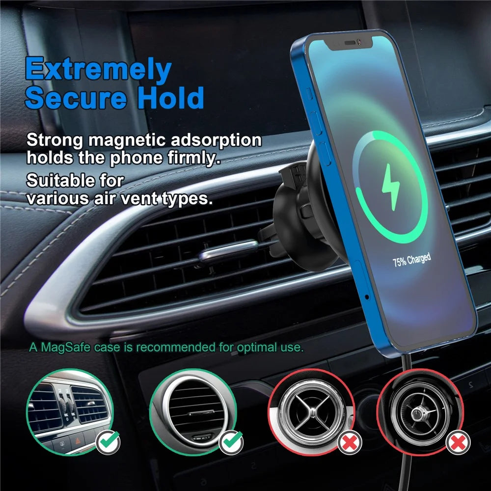MRIOWIZ M-2002W 15W Car Air Vent Magnetic Wireless Charger Compatible with MagSafe with USB+Type-C Port Holder for iPhone 12 / Samsung - 3