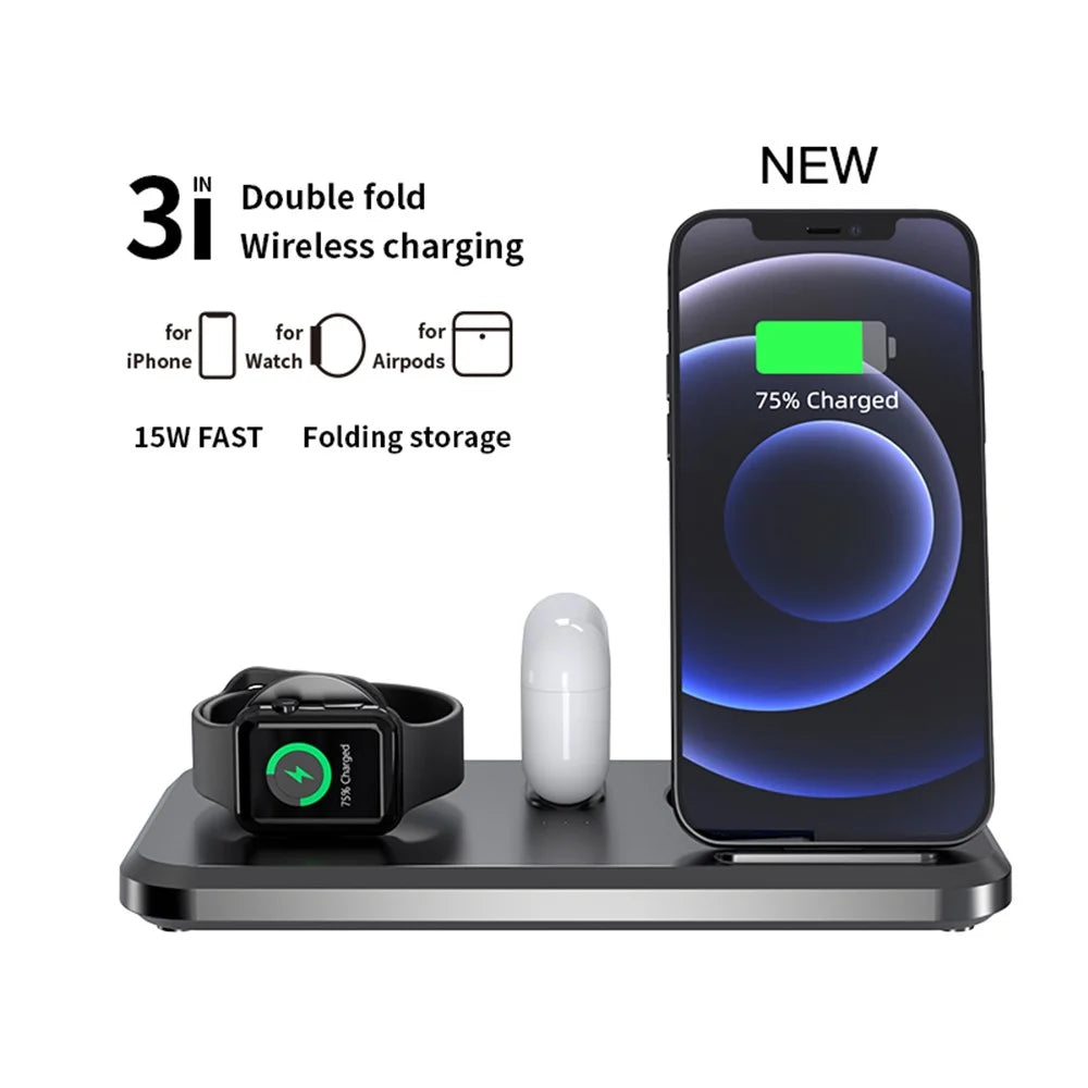 UV-06 3-in-1 15W Wireless Charger Foldable Qi Fast Charging Stand Dock for iPhone Samsung iWatch AirPods - 3