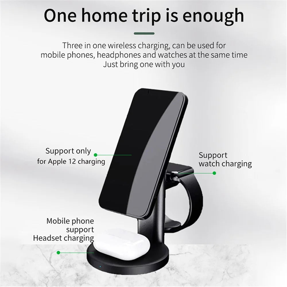 S36 3-in-1 15W Magnetic Wireless Charger Desktop Fast Charging Stand for iPhone 12 Series iWatch AirPods - Black - 2