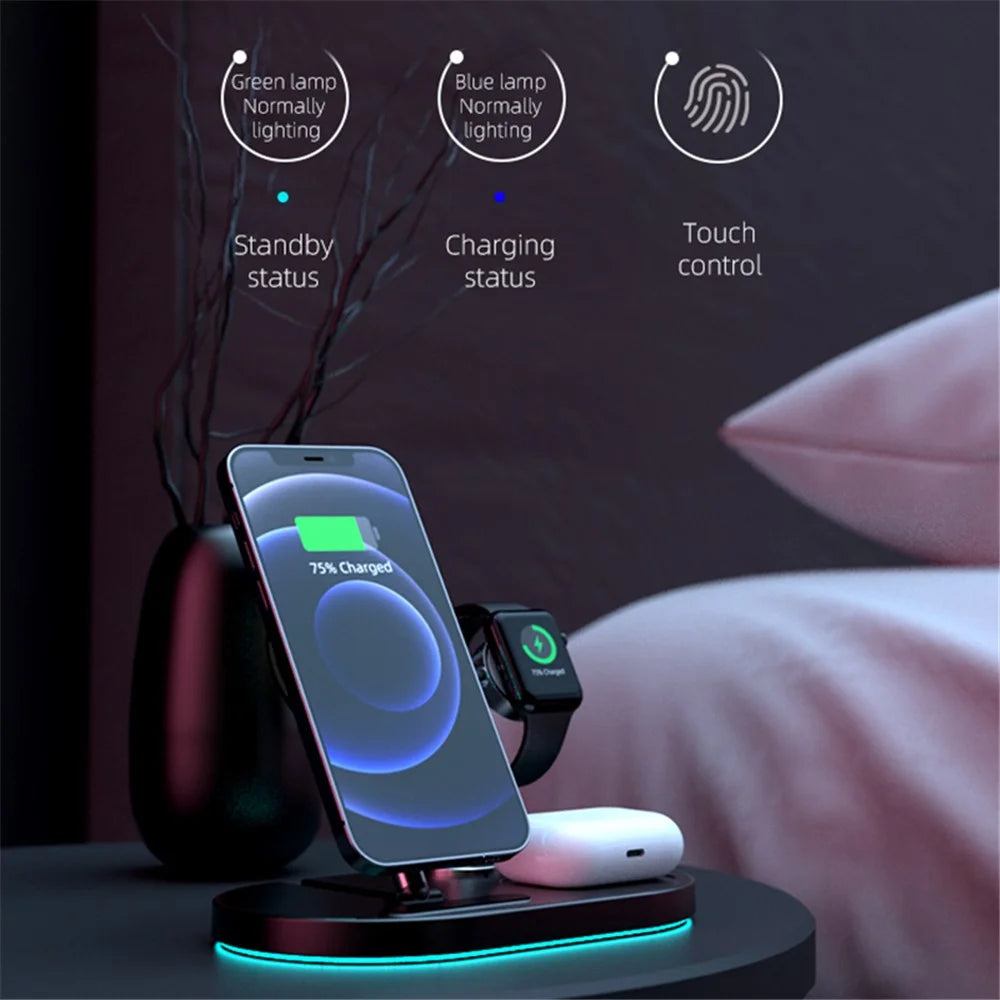 S20 4-in-1 Folding 15W Magnetic Wireless Charger Night Light Desktop Wireless Charging Stand Dock for iPhone iWatch AirPods - White - 4