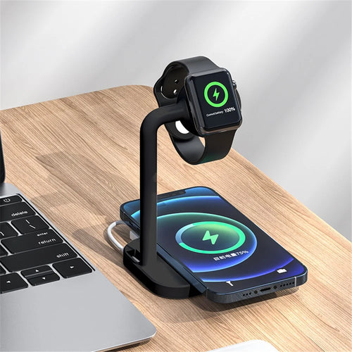 2 in 1 Magnetic Wireless Charger Desktop Wireless Fast Charging Base Stand Dock Station for Apple Watch/iPhone - Black - 1