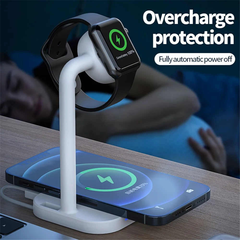 2 in 1 Magnetic Wireless Charger Desktop Wireless Fast Charging Base Stand Dock Station for Apple Watch/iPhone - Black - 3