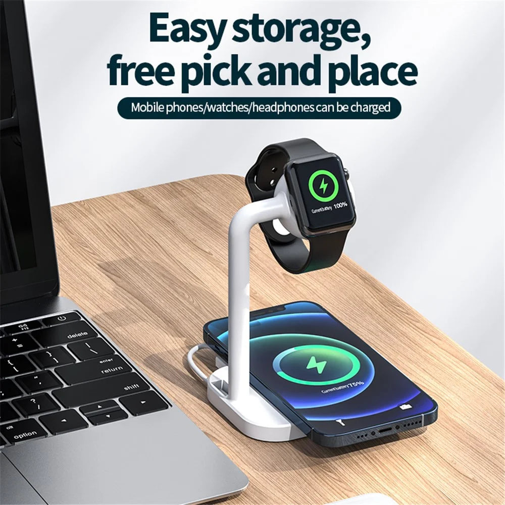 2 in 1 Magnetic Wireless Charger Desktop Wireless Fast Charging Base Stand Dock Station for Apple Watch/iPhone - Black - 5