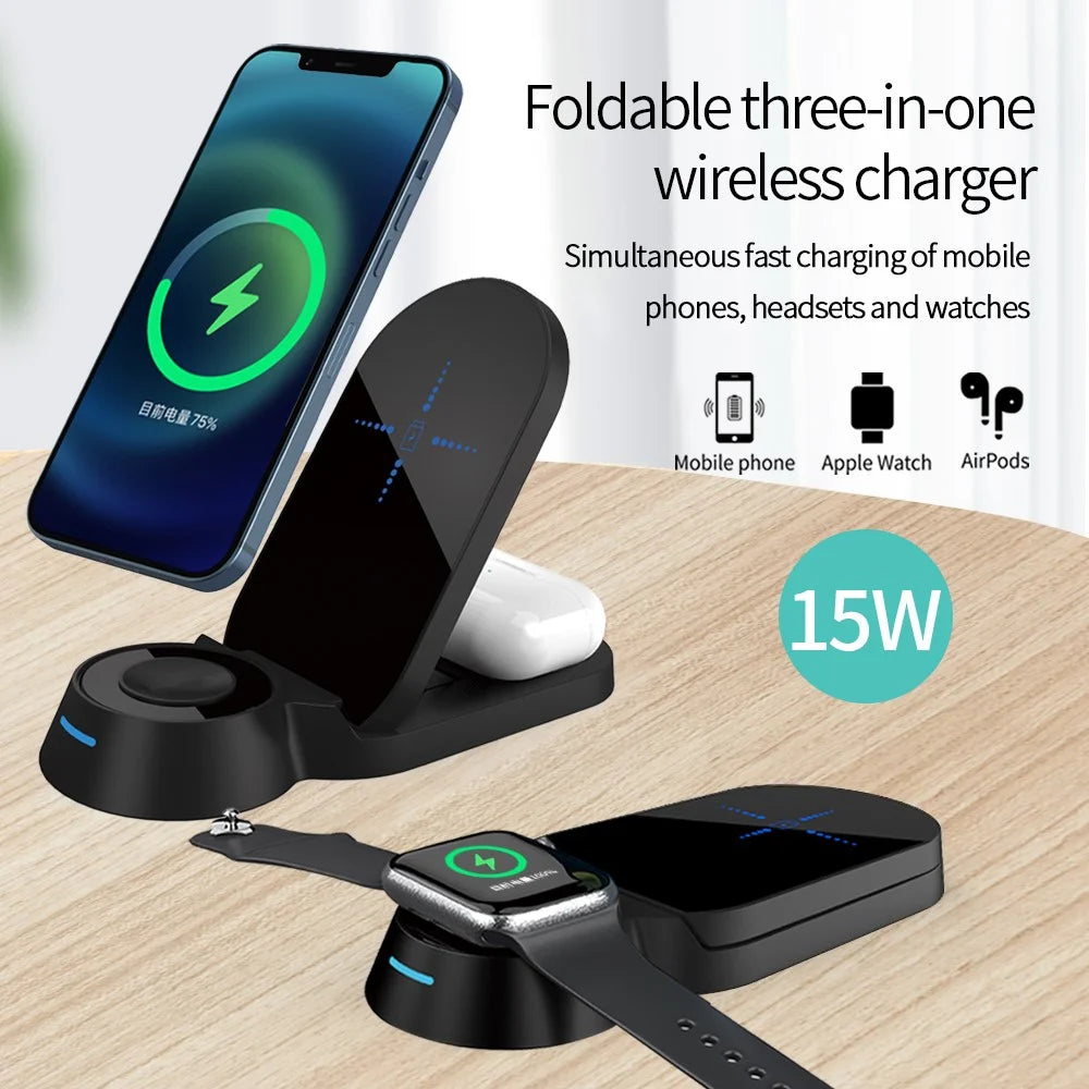 H22 Foldable 3-in-1 Wireless Charger 15W Fast Charging Stand Dock for Smartphones/Watches/Earphones - 2