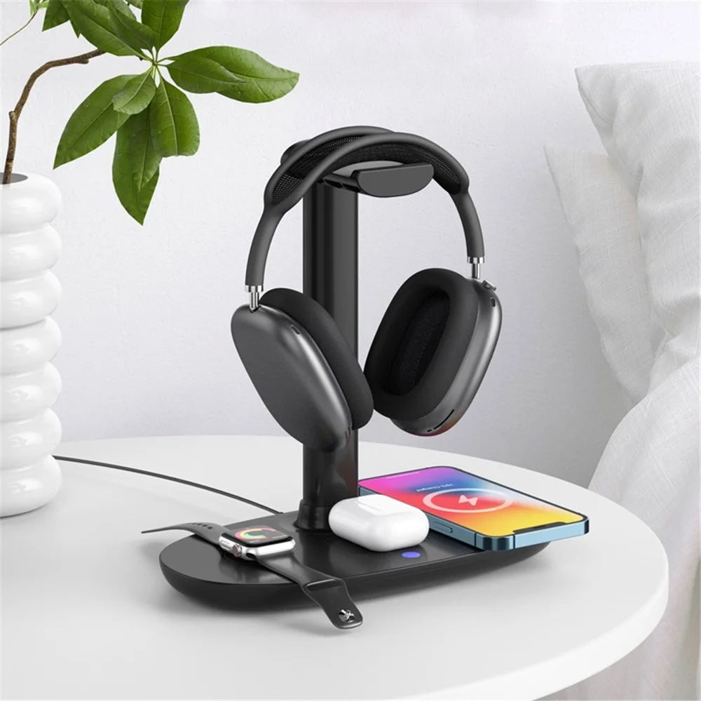 4-in-1 15W Wireless Charger Qi Fast Charging Dock Headset Holder for Apple Watch AirPods Mobile Phone - 4